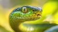 Close-up of a vibrant nice green snake. Green tree python.