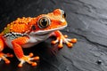 Close-up of a vibrant orange frog on dark stone, focus on face Royalty Free Stock Photo