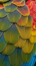 Close-up of vibrant parrot feathers, displaying a striking array of colors including Royalty Free Stock Photo
