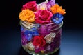 close-up of vibrant preserved flowers in a jar filled with silica gel