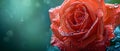 A close-up of a vibrant red rose with dew drops on the petals against a soft background. Concept Royalty Free Stock Photo
