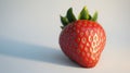 A close-up of a vibrant red strawberry with fresh green leaves, highlighted against a soft white background Royalty Free Stock Photo