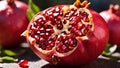 A close-up of a vibrant, ripe pomegranate, its deep red seeds glistening under the mountain sunlight.-