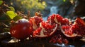 A close-up of a vibrant, ripe pomegranate, its deep red seeds glistening under the mountain sunlight