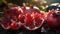 A close-up of a vibrant, ripe pomegranate, its deep red seeds glistening under the mountain sunlight