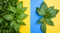 Vibrant Green Basil Leaves on Yellow and Blue Good Resolution Stock Photo Royalty Free Stock Photo