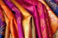 close-up of vibrant silk saree fabric patterns