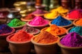 close-up of vibrant spice powders in wooden bowls