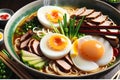 Close-up of a vibrant, steaming bowl of ramen with succulent pork slices, soft-boiled egg with runny yolk