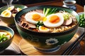 Close-up of a vibrant, steaming bowl of ramen with succulent pork slices, soft-boiled egg with runny yolk