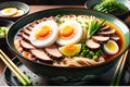 Close-up of a vibrant, steaming bowl of ramen with succulent pork slices, soft-boiled egg with runny yolk