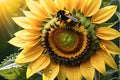 Close-Up of a Vibrant Sunflower with Droplets of Morning Dew on its Bright Yellow Petals, Bumblebee in Flight Royalty Free Stock Photo