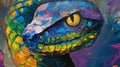 A close-up of a vibrant, textured painting of a chameleon with bold brushstrokes