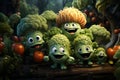 Adorable 3D vegetable characters family in blurred realistic magical fertile forest. AI generated.