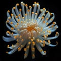 Close-up of a vibrant white and orange flower against a dark background