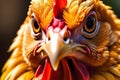 Yellow Chicken Close-up with Bright Red Comb, Fluffy Feathers, and Orange Beak