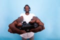 Close up of video games controller in hands of man Royalty Free Stock Photo