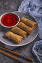 Close up of Vietnamese spring rolls with sweet sauce. portrait image Royalty Free Stock Photo