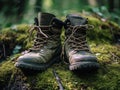 Close-up view of abandoned worn out and dirty leather hunter boots against mossy ground in the forest.