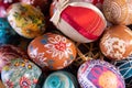 Close-up view from the top of the Easter eggs painted in various patterns.