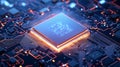 A closeup view of an advanced microprocessor chip showcasing intricate circuitry and glowing connections symbolizing the power