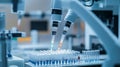 Advanced Pipetting Robots Close Up in a Laboratory Setting for Genetic Handling and Precision Liquid Manipulation of Samples