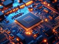 Close-up view of advanced tech chip on circuit board. High-tech design. Modern innovations in hardware, software visible. Bright