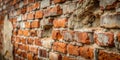 Close-up view of an aged brick wall showcasing weathered texture and missing mortar. Generative AI Royalty Free Stock Photo