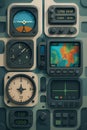 Close-up view of an aircraft cockpit control panel with navigation instruments Royalty Free Stock Photo