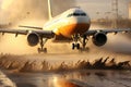 Close-up view of airplane during takeoff, showing exquisite details and powerful thrust