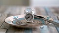 Close up view of alarm clock on a plate intermittent fasting diet concept , time to eat healthy lifestyle Royalty Free Stock Photo