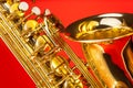 Close-up view of alto saxophone with bell and keys