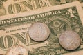 Close up view of American dollar bills and coins as background. Heap of American dollars for design. Royalty Free Stock Photo