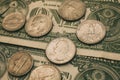 Close up view of American dollar bills and coins as background. Heap of American dollars for design. Royalty Free Stock Photo