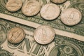 Close up view of American dollar bills and coins as background. Heap of American dollars for design. Royalty Free Stock Photo