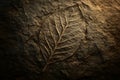 ancient fossilized leaf imprint embedded in dark textured rock surface Royalty Free Stock Photo