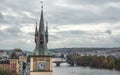 Close up view on ancient Old Town Water Tower and Vltava river, Prague, Czech Republic. Royalty Free Stock Photo