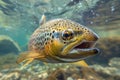 Close-up view of brown trout swimming in clear water.