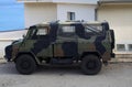 Close-up view of anti-terrorism solders patrol vehicle for the tourist sites protection. All terrain light vehicle Iveco VM90