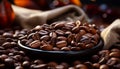 Close-up view of aromatic roasted coffee beans in a dark bowl, juxtaposed against a textured burlap fabric with a blurred colorful