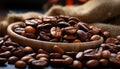 Close-up view of aromatic roasted coffee beans in a dark bowl, juxtaposed against a textured burlap fabric with a blurred colorful