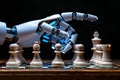 Close up view of an artificial intelligence robot s hand engaged in a strategic chess match Royalty Free Stock Photo