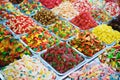 Close up view of assorted colorful jelly gummy candies on outdoors market. Royalty Free Stock Photo