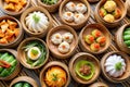 Close-Up View of Assorted Dim Sum in Bamboo Baskets. A close-up top-down view of a selection of dim sum in bamboo baskets, Royalty Free Stock Photo