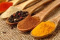 Close up view of assorted herbs and spices in spoons, ideal for culinary ingredient presentations