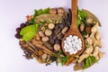 Close-up view of assorted Indian Spices with green leaves and white ayurvedic pills in a wooden spoon. Ayurvedic concept Royalty Free Stock Photo