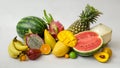 Close up view of assortment of exotic fruits and copy space on white background