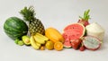 Close up view of assortment of exotic fruits and copy space on white background Royalty Free Stock Photo