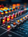 Professional Audio Mixing Console With Glowing Faders and Knobs During a Session in a Studio Setting at Night Royalty Free Stock Photo