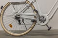 Close up view of back wheel of white bicycle with protection for clothes on chain. Royalty Free Stock Photo